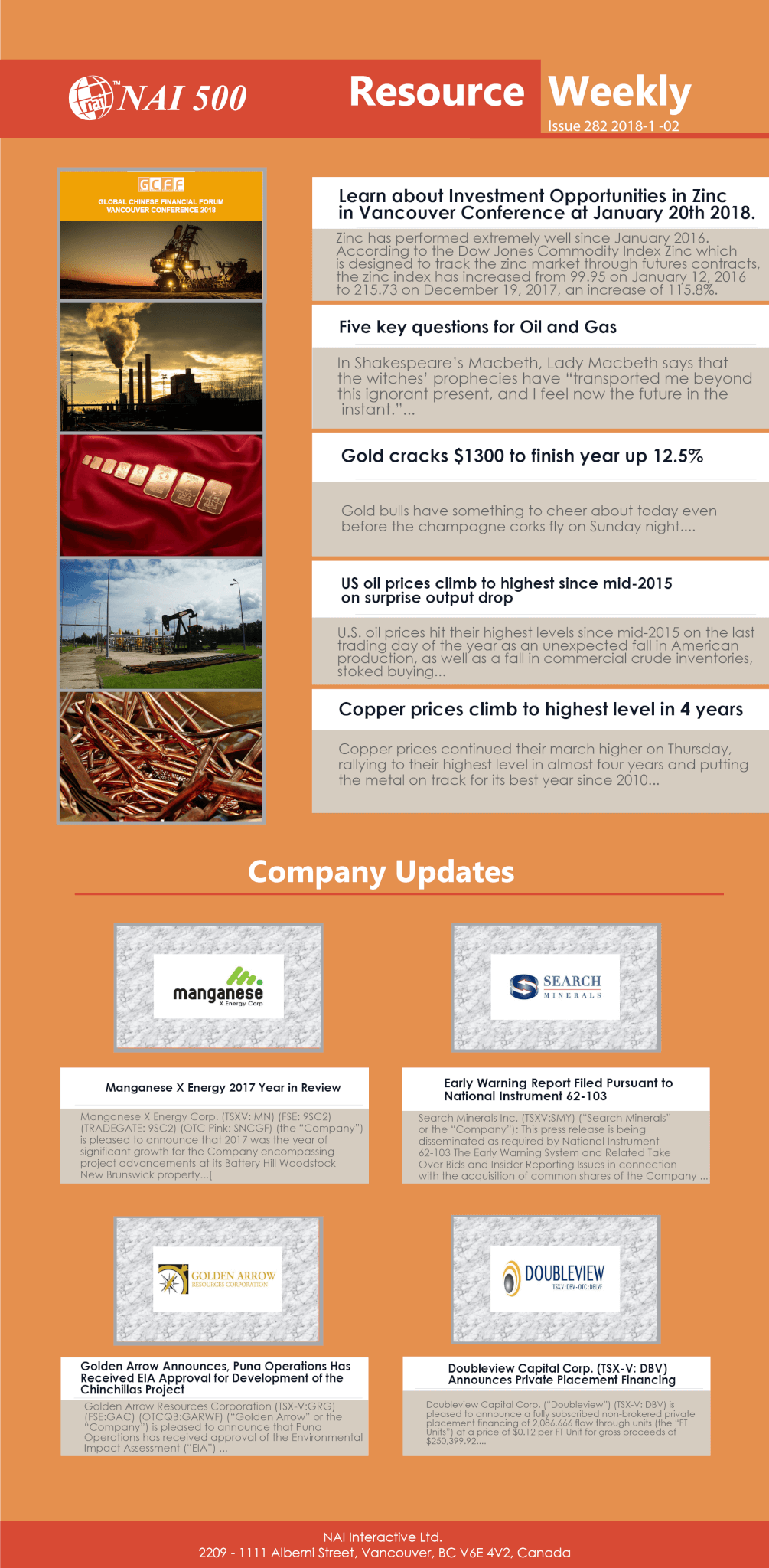 Resource Weekly 282 – Learn about Investment Opportunities in Zinc at  Vancouver Conference January 20th 2018 | NAI 500