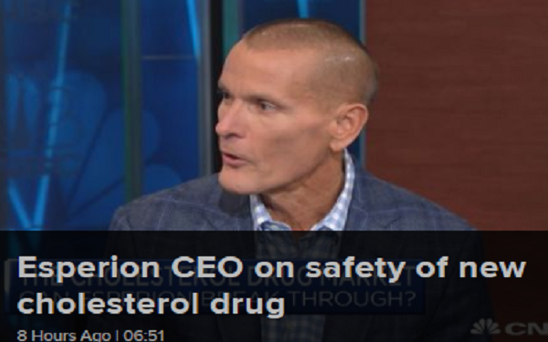 Esperion CEO: Our new cholesterol drug can help millions of patients，Esperion首席执行官：我们的新型胆固醇药物可以帮助数百万患者